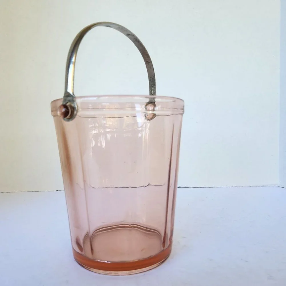 Antique Pink Depression Glass Minimalist Ice Bucket with Silver Handle